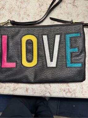 Juicy Couture Leather Wristlet Pouch with Colorful LOVE Appliqué